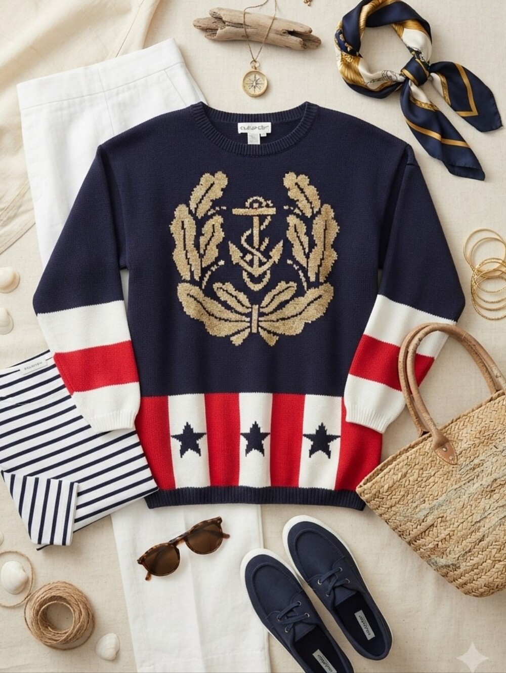 Vintage Outlander Nautical Navy Red White Gold Oversized Knit Sweater